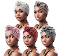 DRESHOW 5 Pack Women Turban African Pattern Knot Headwrap Beanie Pre-Tied Bonnet Chemo Cap Hair Loss Hat