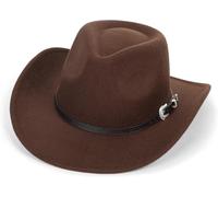 DRESHOW Adults Western Hats Men Women Wide Brim Cowboy Hat Classic Felt Fedora Hats with Wind Lanyard Unisex Rolled up Caps for Adult