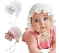 DRESHOW Baby Bonnet Muslin Cotton Baptism Bonnet for Newborn Baby Girls | Christening Bonnet Eyelet Lace Ruffle Trim Infant Soft Warm Cap Double-Layer Fabric Hospital Hat Sleepy Hat with Tie 0-12 M