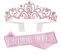 DRESHOW Birthday Crown and Sash for Women Birthday Queen Sash & Rhinestone Tiara Set Birthday Tiaras and Sashes for Girls Birthday Decorations Hair Accessories Glitter Sash for Party