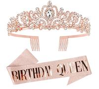 DRESHOW Birthday Crown and Sash for Women Birthday Queen Sash & Rhinestone Tiara Set Birthday Tiaras and Sashes for Girls Birthday Decorations Hair Accessories Glitter Sash for Party