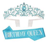 DRESHOW Birthday Crown and Sash Set - Queen Rhinestone Tiara for Women and Girls - Party Decorations Hair Accessories with Glitter Sash
