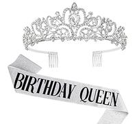 DRESHOW Birthday Crown and Sash Set - Queen Rhinestone Tiara for Women and Girls - Party Decorations Hair Accessories with Glitter Sash