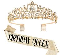 DRESHOW Birthday Crown and Tiara Set - Rhinestone Tiara & Glitter Sash for Party Queen