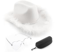 DRESHOW Cowboy Hat with Fluffy Feathers & Heart Shaped Sunglasses Set for Women Men Western Felt Cowboy Hats for Halloween