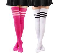 DRESHOW Extra Long Cotton Stripe Thigh High Socks Plus Size Long Stockings Over Knee Socks for Women