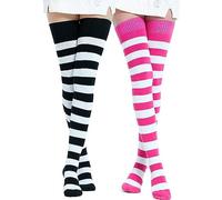 DRESHOW Extra Long Cotton Stripe Thigh High Socks Plus Size Long Stockings Over Knee Socks for Women