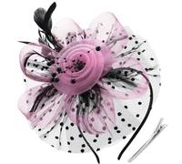 DRESHOW Fascinators Hat Flower Mesh Ribbons Feathers on a Headband and a Forked Clip Cocktail Tea Party Headwear for Girls and Women