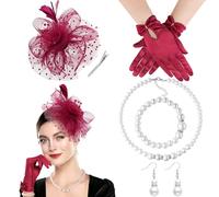 DRESHOW Fascinators Hat for Women Veil Mesh Tea Party Hat Headwear Feather Derby Hat Pillbox Hat and Gloves Pearl Jewelry Set for Cocktail 1920s Party