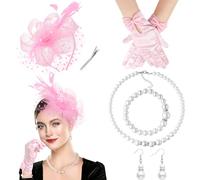 DRESHOW Fascinators Hat for Women Veil Mesh Tea Party Hat Headwear Feather Derby Hat Pillbox Hat and Gloves Pearl Jewelry Set for Cocktail 1920s Party