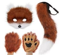 DRESHOW Faux Fur Fox Tail Fluffy Cat Wolf Cosplay Costume Plush Mask Paw Gloves Set Halloween Christmas Party for Girls Women