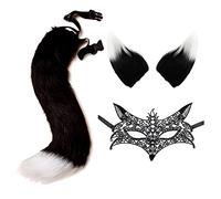 DRESHOW Faux Fur Wolf Tail Cat Ears Hair Clip Lace Masquerade Mask Set Wolf Fox Cosplay Costume Animal Dress Up Fancy Dress Accessories Halloween Role Play Party Costume