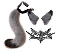 DRESHOW Faux Fur Wolf Tail Cat Ears Hair Clip Lace Masquerade Mask Set Wolf Fox Cosplay Costume Animal Dress Up Fancy Dress Accessories Halloween Role Play Party Costume
