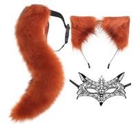 DRESHOW Faux Fur Wolf Tail Cat Ears Headband Lace Masquerade Mask Set Wolf Fox Cosplay Costume Animal Dress Up Fancy Dress Accessories Halloween Role Play Party Costume