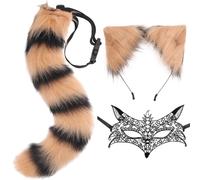DRESHOW Faux Fur Wolf Tail Cat Ears Headband Lace Masquerade Mask Set Wolf Fox Cosplay Costume Animal Dress Up Fancy Dress Accessories Halloween Role Play Party Costume