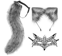 DRESHOW Faux Fur Wolf Tail Cat Ears Headband Lace Masquerade Mask Set Wolf Fox Cosplay Costume Animal Dress Up Fancy Dress Accessories Halloween Role Play Party Costume