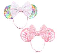 DRESHOW Minnie Ears Headbands Mouse Ears Sequin Bow Headbands Elastic Adjustable Headband Glitter Party Decoration Cosplay Costume for Women