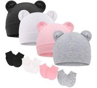 DRESHOW Newborn Baby Hats Mittens Set Hospital Hat Beanie Bear Ears Infant Caps Baby No Scratch Mittens for 0-6 Months