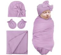 DRESHOW Newborn Receiving Blankets Cotton Warm Sleepsack with Mittens&Bow Hats Hospital Baby Swaddling