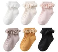 DRESHOW Toddler Girls Frilly Lace Socks - 6 Pairs, Multiple Colors, Size S (3-12 Months), M (1-3 Years), L (3-5 Years) - Cute Ruffle Socks for Baby & Toddlers