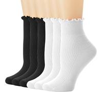 DRESHOW Women Ruffle Frilly Socks Casual Ankle Socks Breathable Cotton Crew Knit Socks for Women 6 Pack