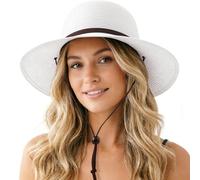 DRESHOW Women Straw Panama Hat Fedora Adjustable Summer Wide Brim Beach Sun Hat with Wind Lanyard UPF 50+