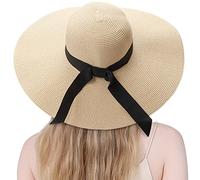 DRESHOW Womens Big Bowknot Straw Hat Floppy Foldable Roll up Beach Cap Sun Hat UPF 50+
