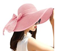 DRESHOW Womens Big Bowknot Straw Hat Floppy Foldable Roll up Beach Cap Sun Hat UPF 50+ Pink