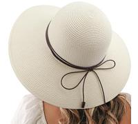 DRESHOW Womens Bowknot Straw Hat Floppy Foldable Beach Hat with Windproof Rope Wide Brim Sun Hat UPF 50+