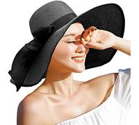 DRESHOW Womens Wide Brim Straw Hat Floppy Foldable Roll up Cap Beach Sun Hat UPF 50+ Black