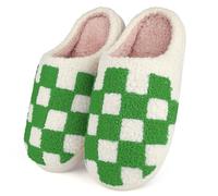 Dresofu House Slippers Women Men Fluffy Checkered Pattern Warm Plaid Slides Soft Foam Indoor Cloud Shoes Casual Anti-Skid Bedroom Footwear Fuzzy Lining Slip-on Big Kids Green 4-5 UK