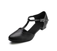 Dress First Flats Dance Shoes Women Low Heel Genuine Leather Pumps T-Strap Latin Ballroom Salsa Shoes,1", Black, 5.5 UK