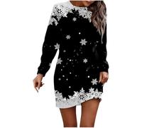 Dress For Christmas,Plus Size Dress for Autumn and Winter Womens Casual Round Neck Long Sleeve Christmas Print A-Line Fit Everyday Wear (Black, S)