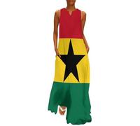 Dress for Women Ghana Flag Sleeveless Loose Maxi Dresses African Patriotic Clothing Plus Size V Neck Casual Long Dresses Beach Swing Dress with Pockets Yellow