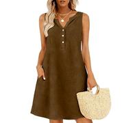 Dress for Women Summer 2026 Solid Color Linen with Three Quarter Sleeves and Pleats in Cotton Blend Pocket Long (Khaki, M) Beach Dresses UK Spring Maxi Casual Holiday Over 50 Black Tie Party