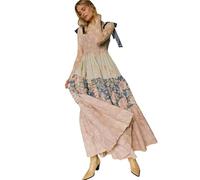 Dress Lace-up Printing Holiday Summer Dress Ethnic A-line Free Style Vestidos People Chic Maxi Dresses(Soft Pink,M)
