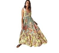 Dress Lace-up Printing Holiday Summer Dress Ethnic A-line Free Style Vestidos People Chic Maxi Dresses(Yellow,M)