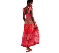 Dress Lace-up Printing Holiday Summer Dress Ethnic A-line Free Style Vestidos People Chic Maxi Dresses(Red,L)