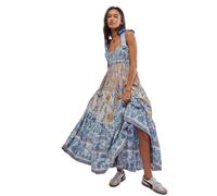 Dress Lace-up Printing Holiday Summer Dress Ethnic A-line Free Style Vestidos People Chic Maxi Dresses(Light Blue,M)