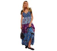Dress Lace-up Printing Holiday Summer Dress Ethnic A-line Free Style Vestidos People Chic Maxi Dresses(Blue,L)