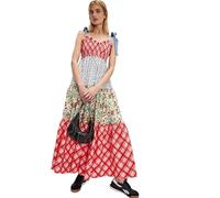 Dress Lace-up Printing Holiday Summer Dress Ethnic A-line Free Style Vestidos People Chic Maxi Dresses(Plaid red,M)