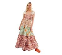 Dress Lace-up Printing Holiday Summer Dress Ethnic A-line Free Style Vestidos People Chic Maxi Dresses(Light Purple,M)