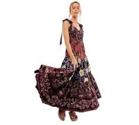 Dress Lace-up Printing Holiday Summer Dress Ethnic A-line Free Style Vestidos People Chic Maxi Dresses(Black,S)