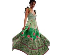Dress Lace-up Printing Holiday Summer Dress Ethnic A-line Free Style Vestidos People Chic Maxi Dresses(Green,M)