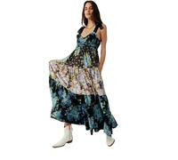 Dress Lace-up Printing Holiday Summer Dress Ethnic A-line Free Style Vestidos People Chic Maxi Dresses(Dark Blue,M)