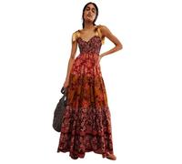 Dress Lace-up Printing Holiday Summer Dress Ethnic A-line Free Style Vestidos People Chic Maxi Dresses(Brown,L)