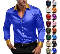Dress Shirts for Men Glossy Long Sleeve Shirt Button Down Shiny Satin Silk Shirt Men Solid Collar Slim Fit Disco Dance Top Smooth Wrinkle Free Tuxedo T-Shirt Casual Blouses for Wedding Party Blue