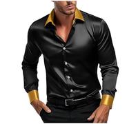 Dress Shirts for Men Glossy Long Sleeve Shirt Button Down Shiny Satin Silk Shirt Men Solid Collar Slim Fit Disco Dance Top Smooth Wrinkle Free Tuxedo T-Shirt Casual Blouses for Wedding Party Black