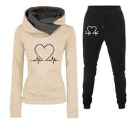 Dress Suits for Girls Sports Long Sleeve Pullover Top Set Heartbeat Frequency Printed Women's Hoodie Set Women S Ski Bib (Khaki, M)