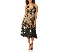 Dress the Population Women's Audrey Spaghetti Strap Midi A-line 3D Floral Dress Special Occasion, Black/Nude, XS